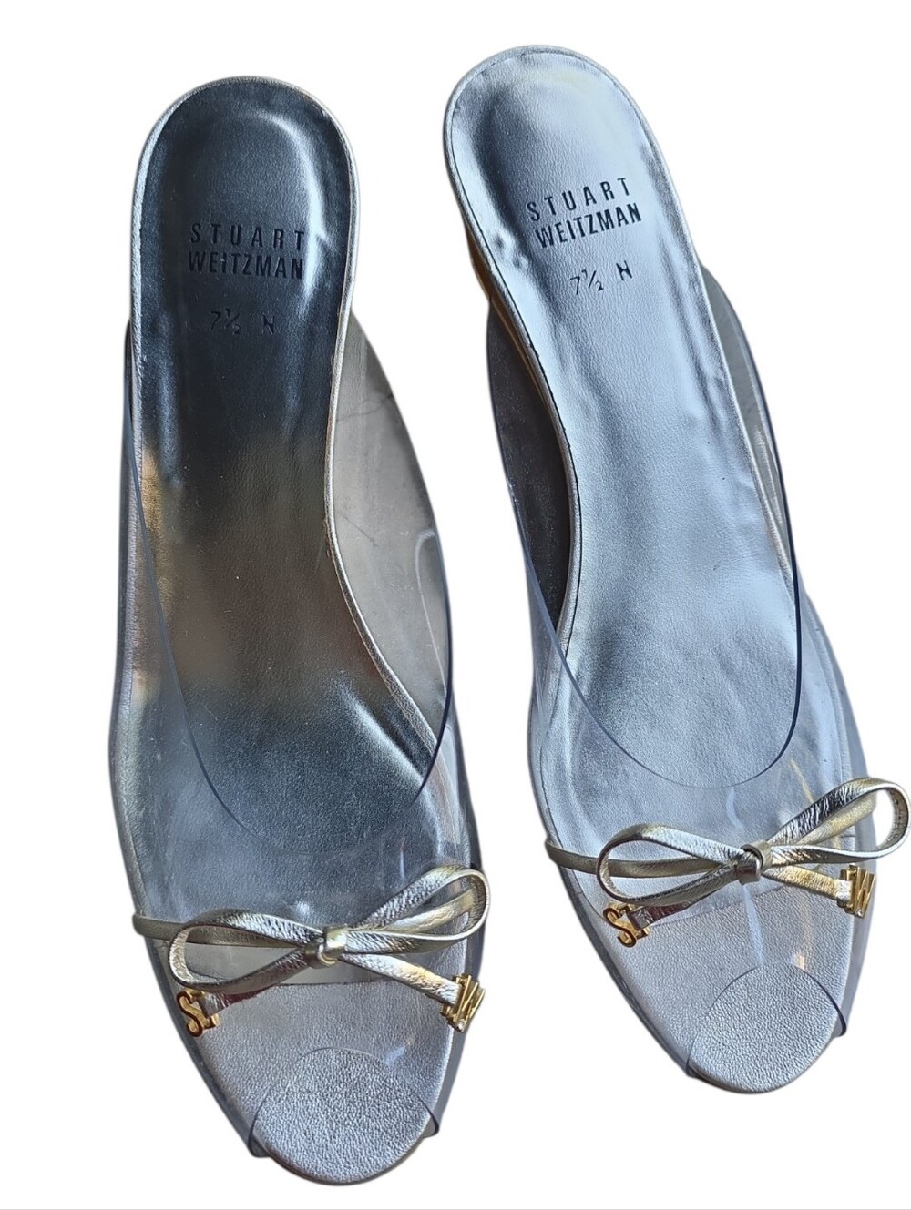 Stuart Weitzman Metallic Silver Clear Bow Slide Mules